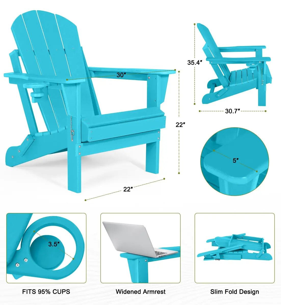 ABCPATIO Adirondack Chair HDPE Cup Holders Heavy Duty Patio Turquoise | Weather-Resistant & Eco-Safe (70-120 chars) - view 5