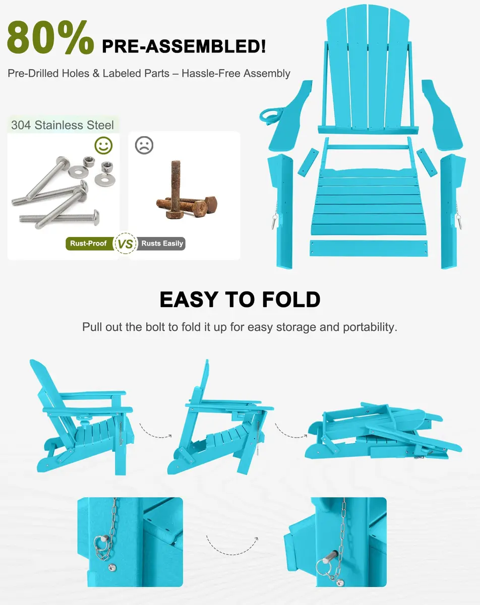 ABCPATIO Adirondack Chair HDPE Cup Holders Heavy Duty Patio Turquoise | Weather-Resistant & Eco-Safe (70-120 chars) - view 6