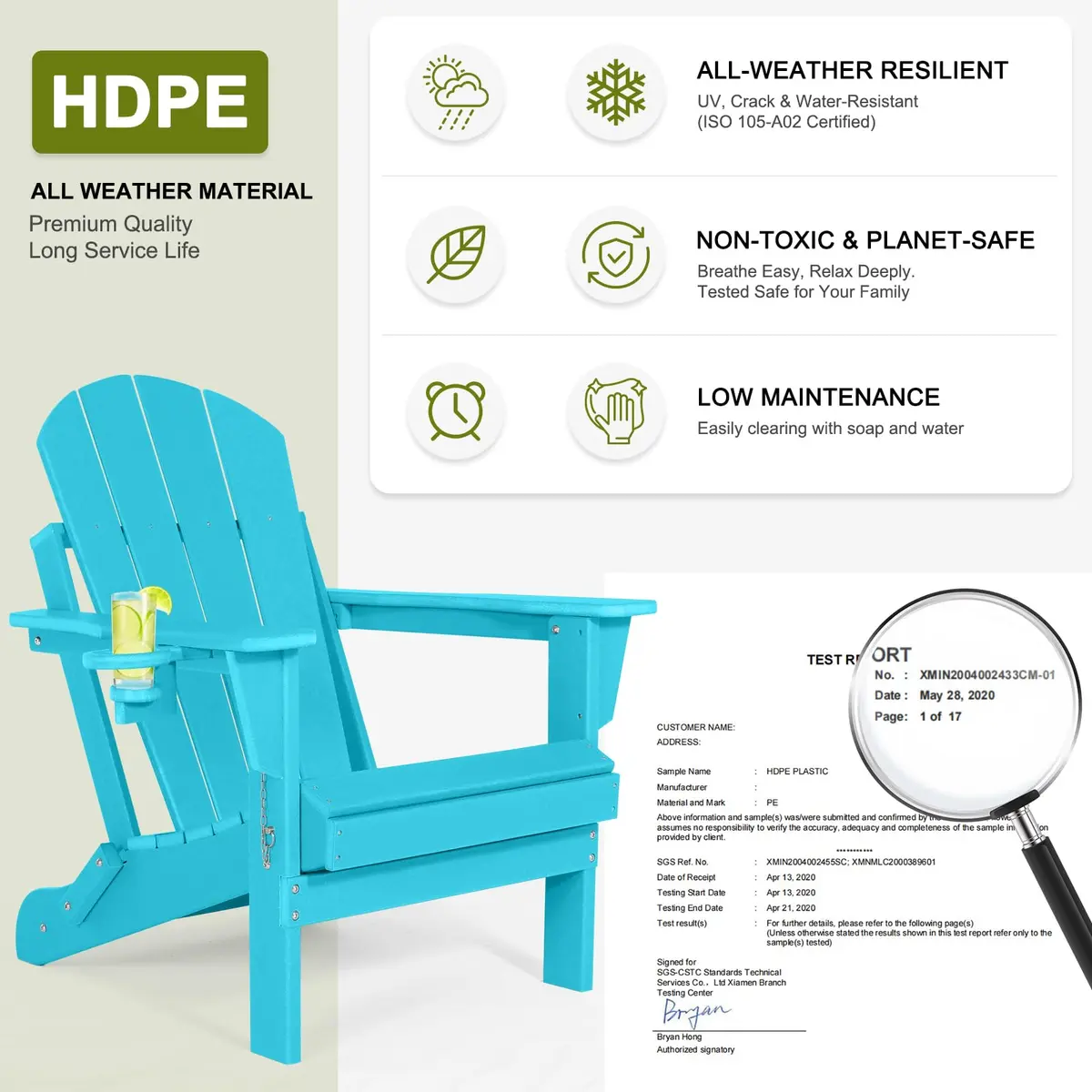ABCPATIO Adirondack Chair HDPE Cup Holders Heavy Duty Patio Turquoise | Weather-Resistant & Eco-Safe (70-120 chars) - view 2