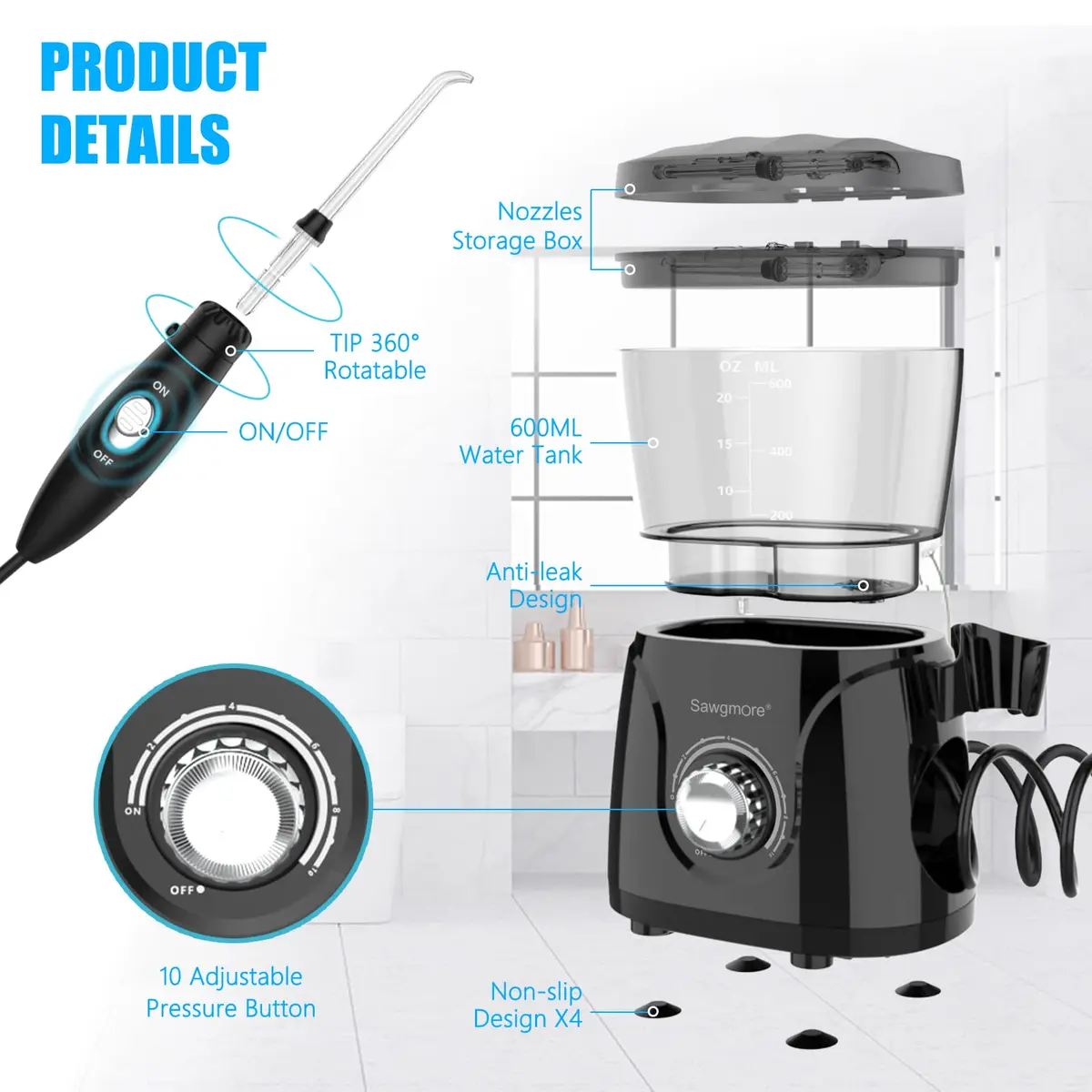 Sawgmore Water Dental Flosser 600ML Electric Oral Irrigator | Deep Clean & Gums Care - view 6