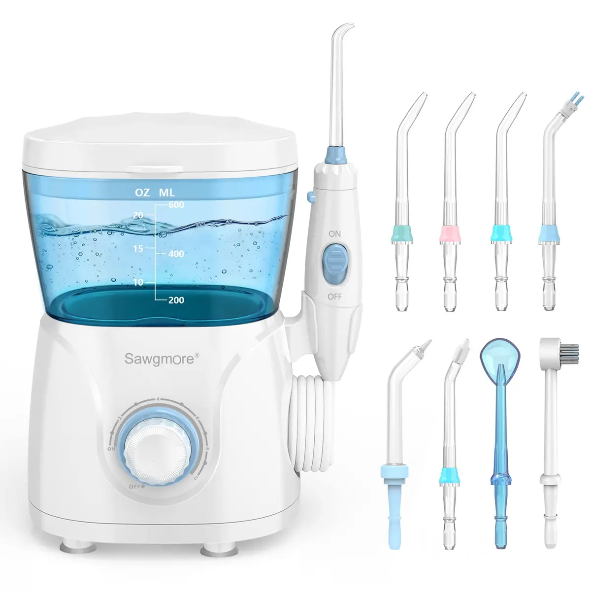 Sawgmore Water Dental Flosser 600ml Electric Oral Irrigator with 10 Pressure Modes & 8 Nozzles | 1250-1700 Pulses/Min - main product image