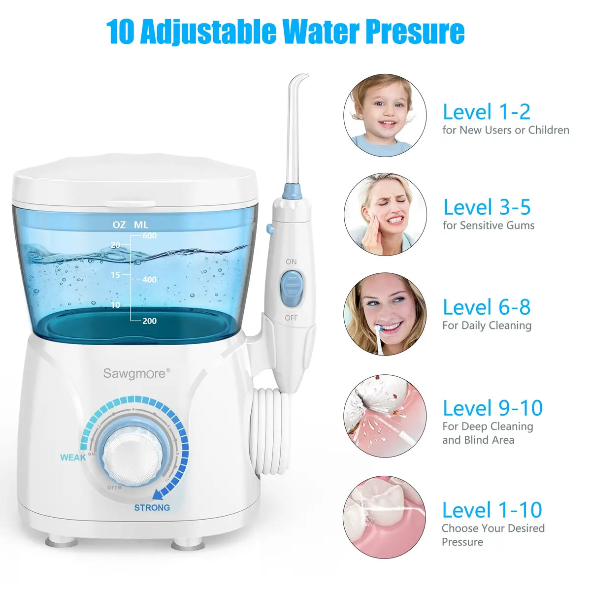 Sawgmore Water Dental Flosser 600ml Electric Oral Irrigator with 10 Pressure Modes & 8 Nozzles | 1250-1700 Pulses/Min - view 5