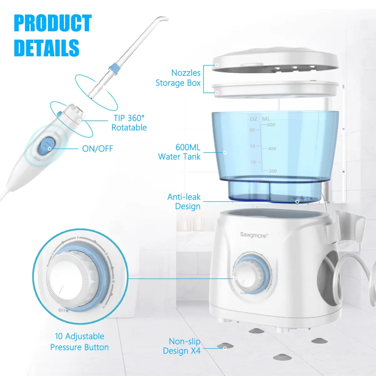 Sawgmore Water Dental Flosser 600ml Electric Oral Irrigator with 10 Pressure Modes & 8 Nozzles | 1250-1700 Pulses/Min - view 6