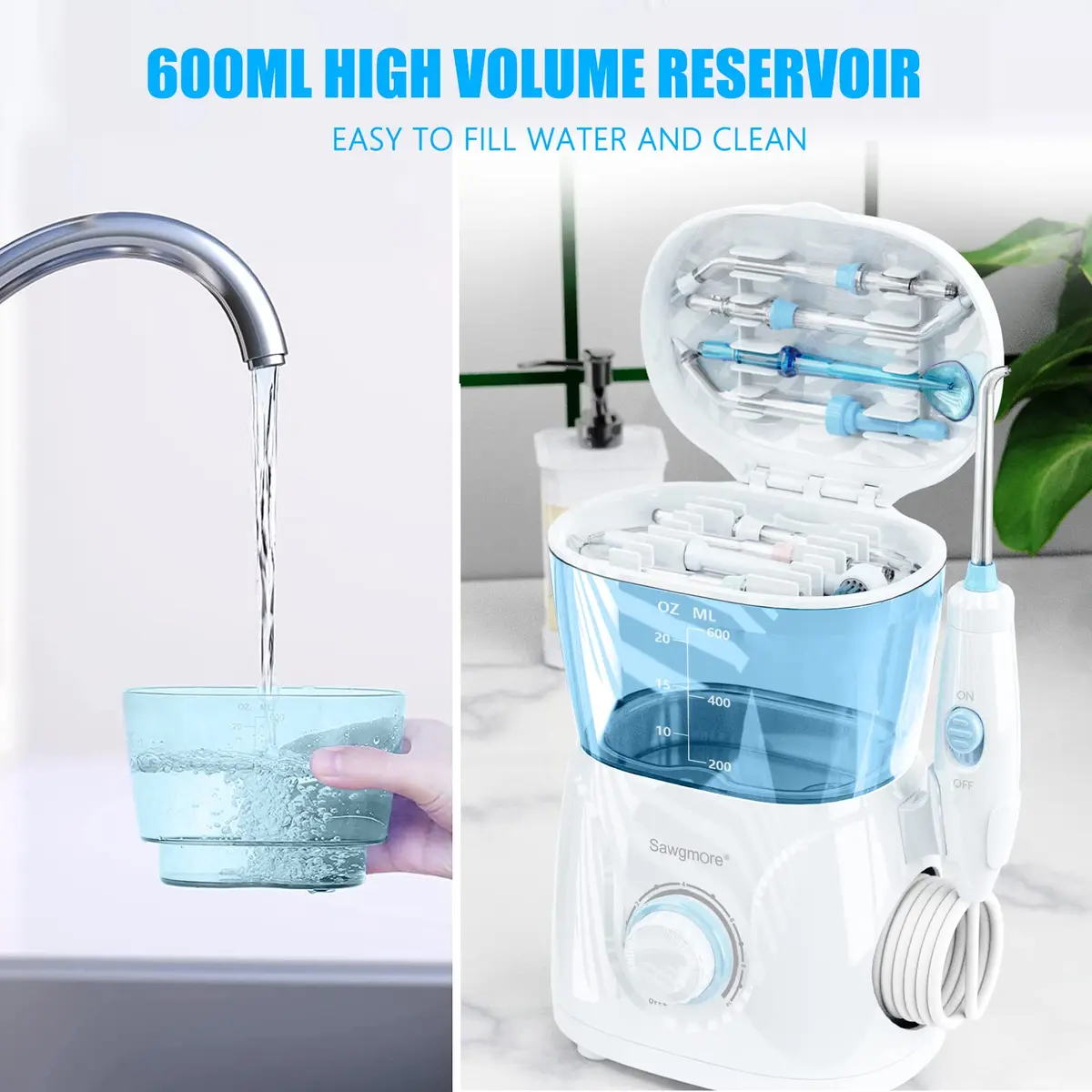 Sawgmore Water Dental Flosser 600ml Electric Oral Irrigator with 10 Pressure Modes & 8 Nozzles | 1250-1700 Pulses/Min - view 7