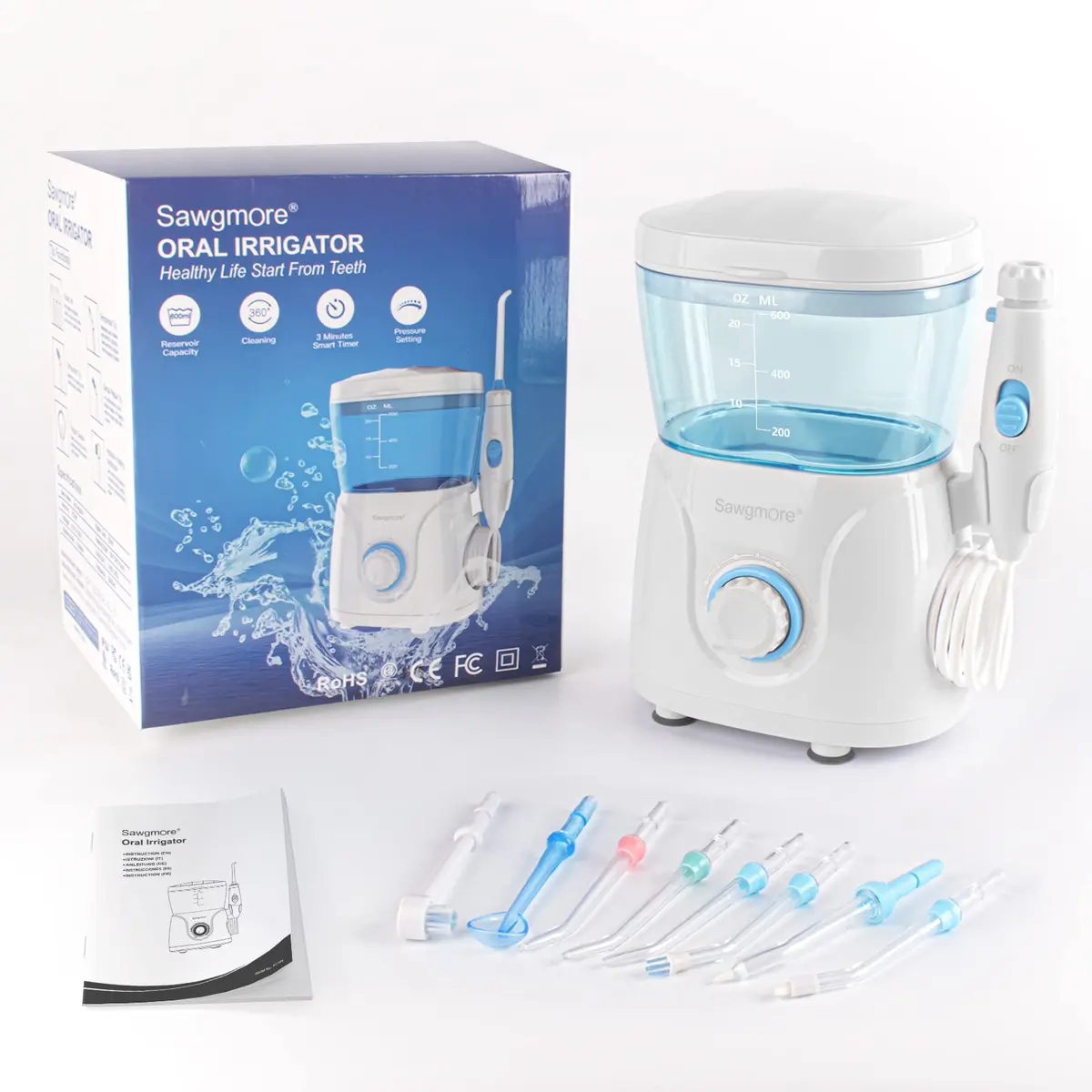 Sawgmore Water Dental Flosser 600ml Electric Oral Irrigator with 10 Pressure Modes & 8 Nozzles | 1250-1700 Pulses/Min - view 8