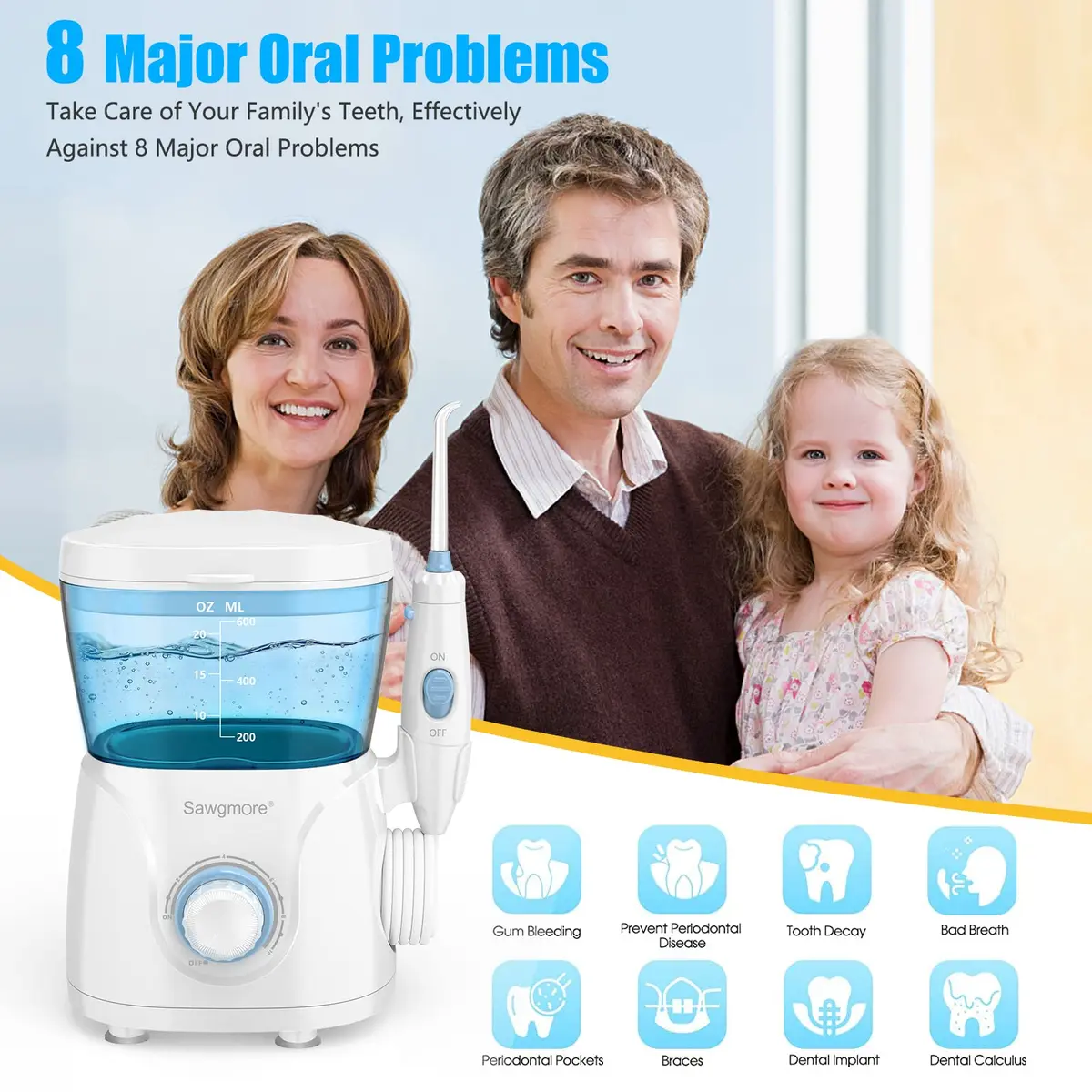 Sawgmore Water Dental Flosser 600ml Electric Oral Irrigator with 10 Pressure Modes & 8 Nozzles | 1250-1700 Pulses/Min - view 2