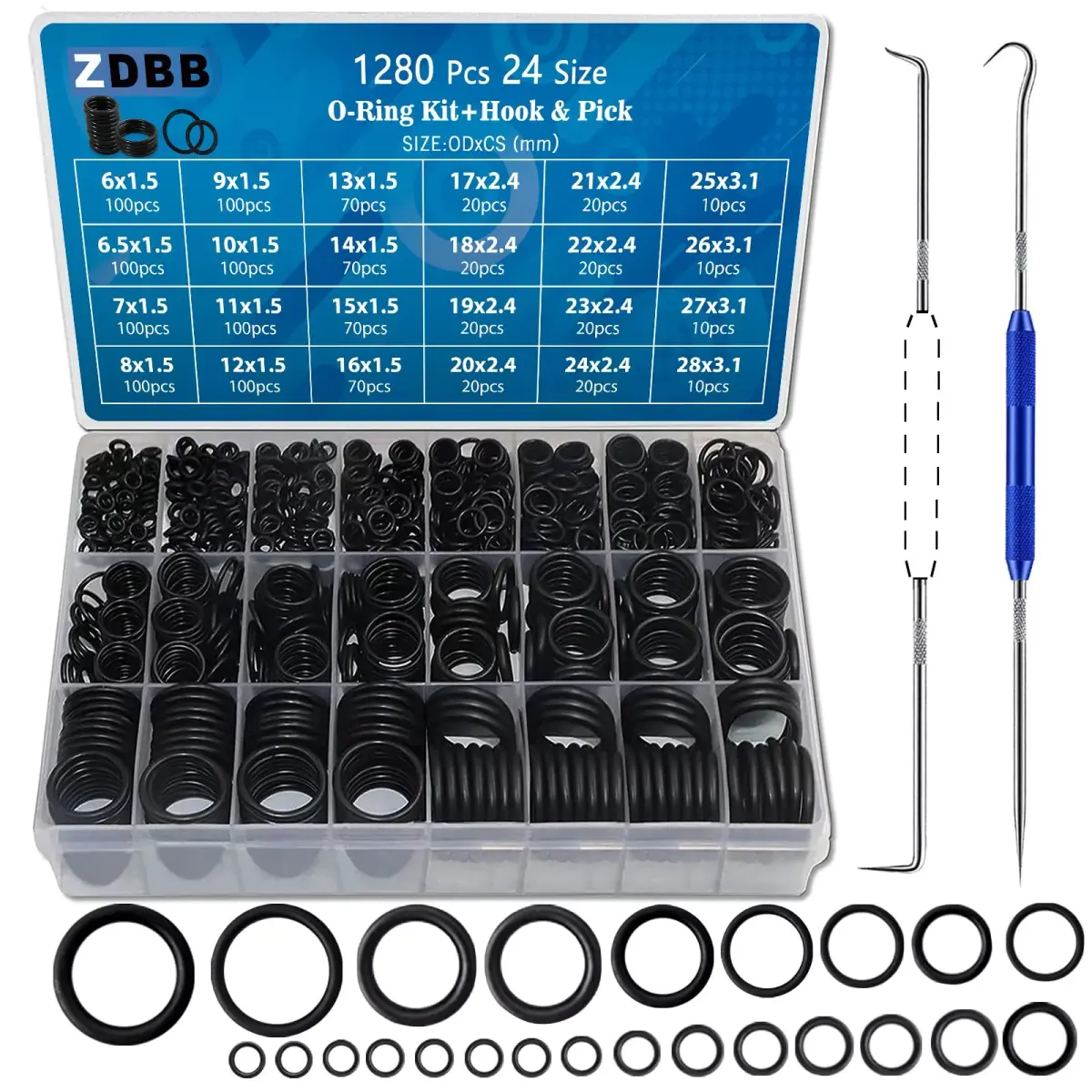ZDBB 1280 Pcs Rubber O-Ring Assortment Kit with Pick & Hook Set, Metric Sizes 6mm-28mm OD - main product image