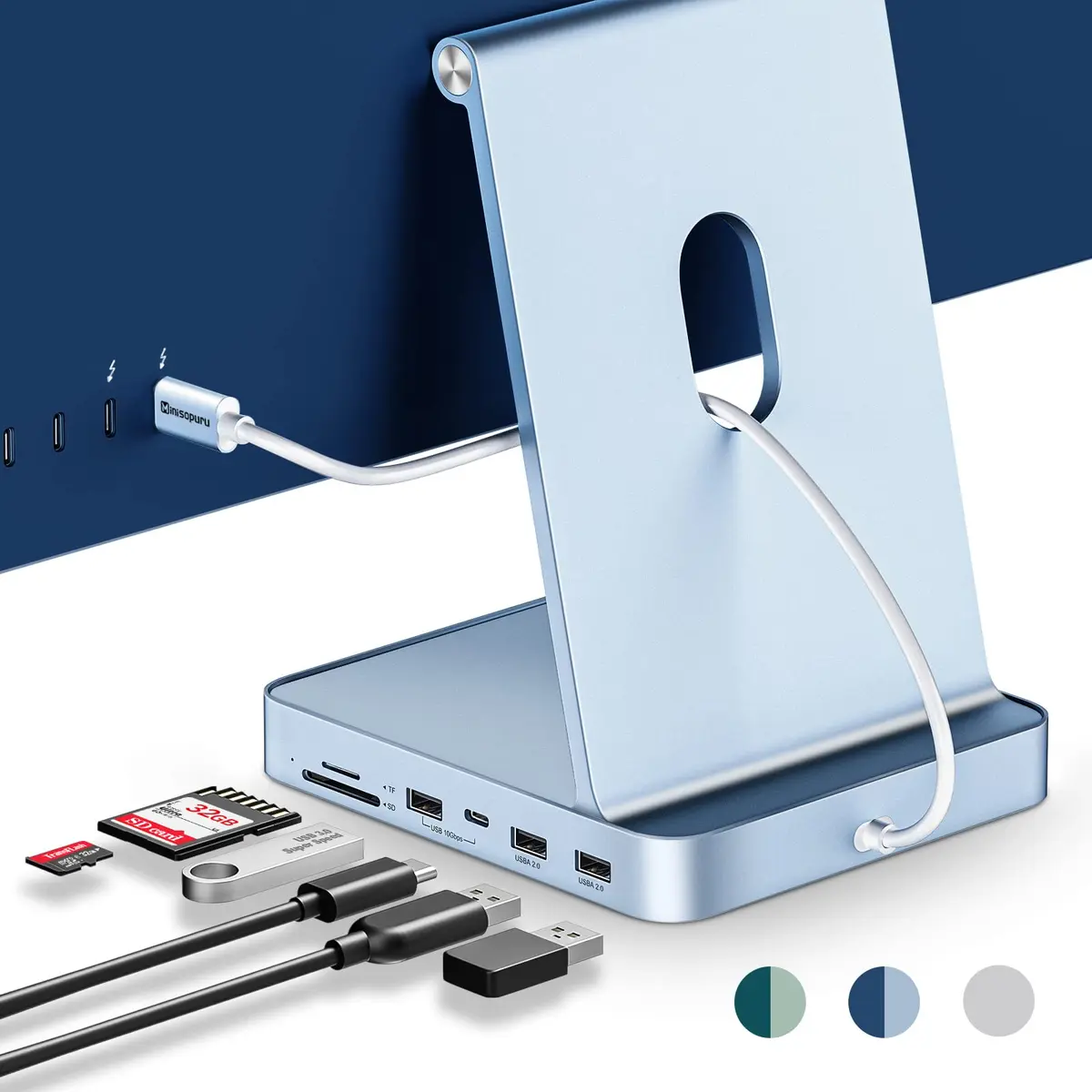 Minisopuru DS802 iMac Docking Station for 24 inch iMac M1/M3/M4/M5, Blue | Support M.2 SSD & 10Gbps Data Transfer - main product image