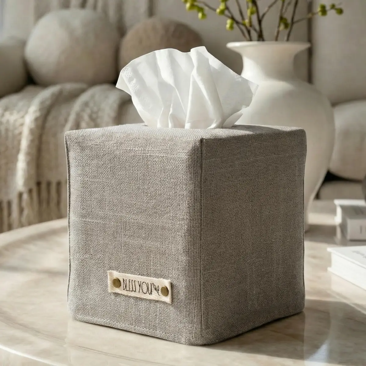 KIBAGA Gray Linen Facial Tissue Holder for Square Tissue Boxes | Stylish Home Decor (70-120 chars) - main product image