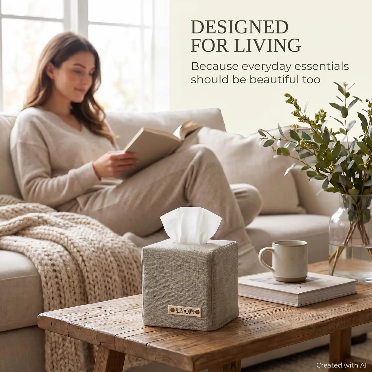 KIBAGA Gray Linen Facial Tissue Holder for Square Tissue Boxes | Stylish Home Decor (70-120 chars) - view 5