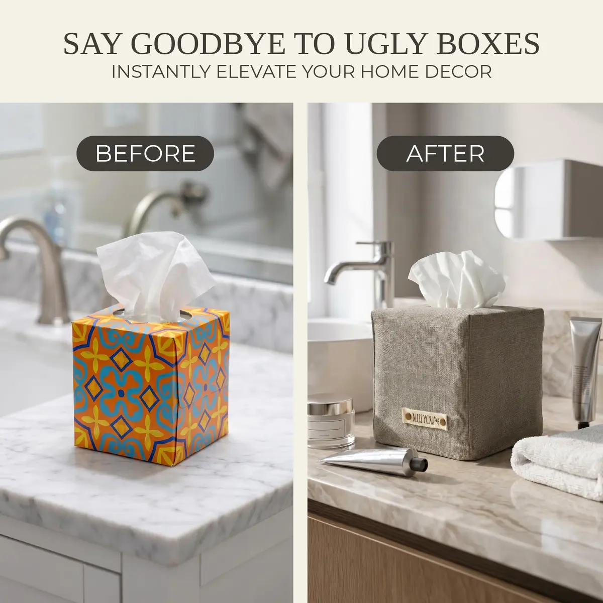 KIBAGA Gray Linen Facial Tissue Holder for Square Tissue Boxes | Stylish Home Decor (70-120 chars) - view 6