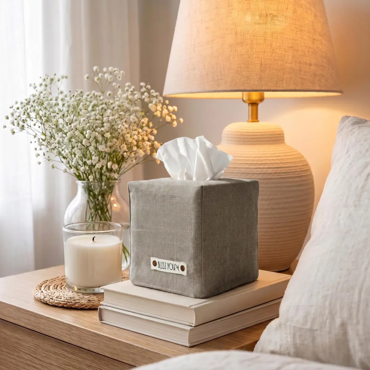 KIBAGA Gray Linen Facial Tissue Holder for Square Tissue Boxes | Stylish Home Decor (70-120 chars) - view 8