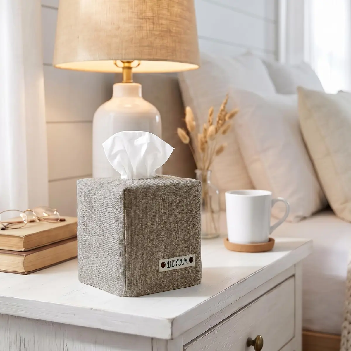 KIBAGA Gray Linen Facial Tissue Holder for Square Tissue Boxes | Stylish Home Decor (70-120 chars) - view 2