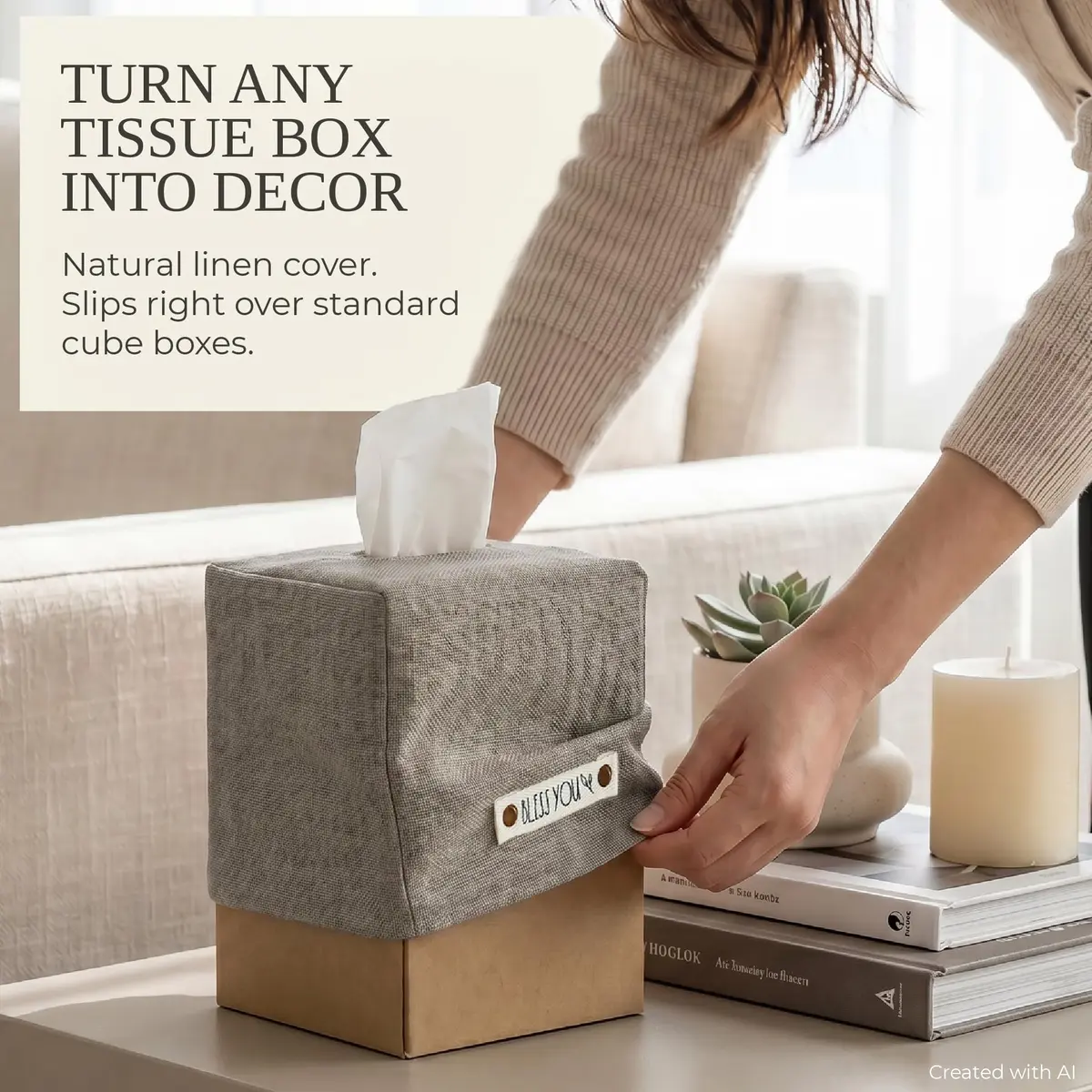 KIBAGA Gray Linen Facial Tissue Holder for Square Tissue Boxes | Stylish Home Decor (70-120 chars) - view 3