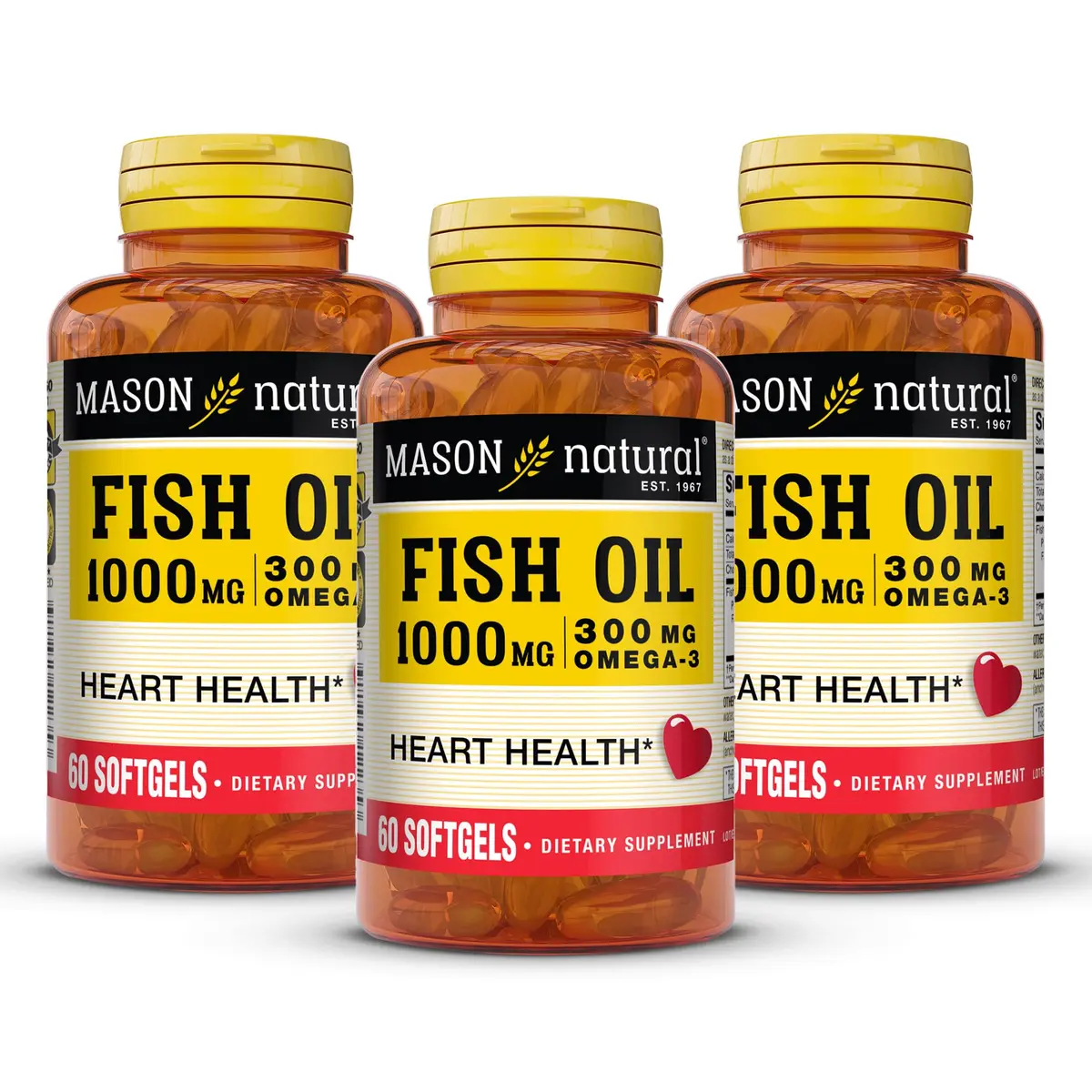 MASON NATURAL Omega-3 Fish Oil 1000mg | Supports Heart & Brain, 180 Softgels - main product image