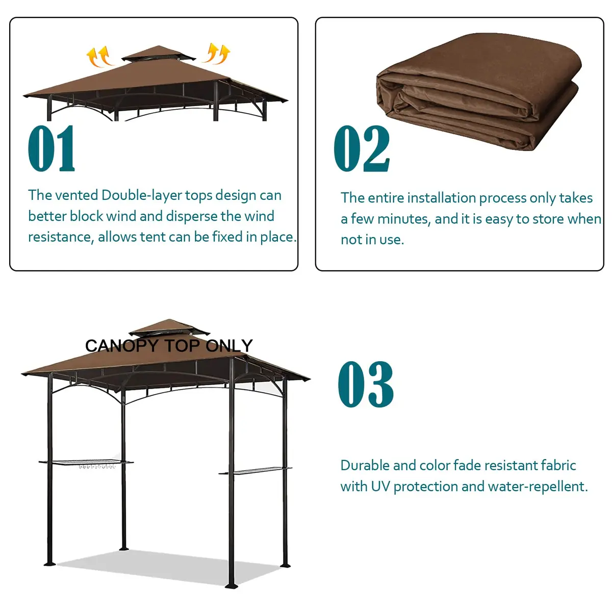 Wonwon 5x8 Gazebo Replacement Canopy Top | Double-Tier Outdoor BBQ Cover (Brown, 5'x8') - view 5