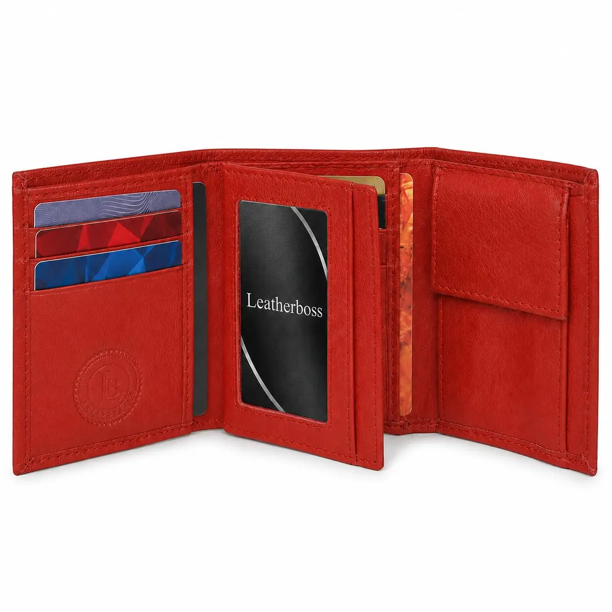 LB LEATHERBOSS Boys Slim Compact Trifold Wallet with ID and Coin Pocket (Red) | Genuine Leather - main product image
