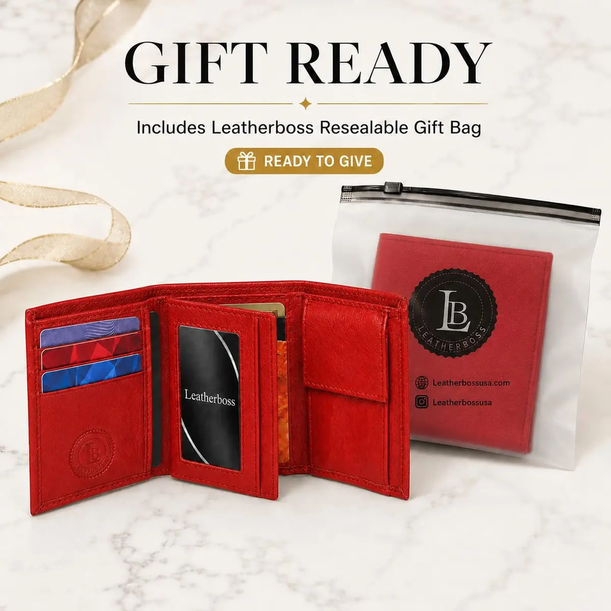 LB LEATHERBOSS Boys Slim Compact Trifold Wallet with ID and Coin Pocket (Red) | Genuine Leather - view 8