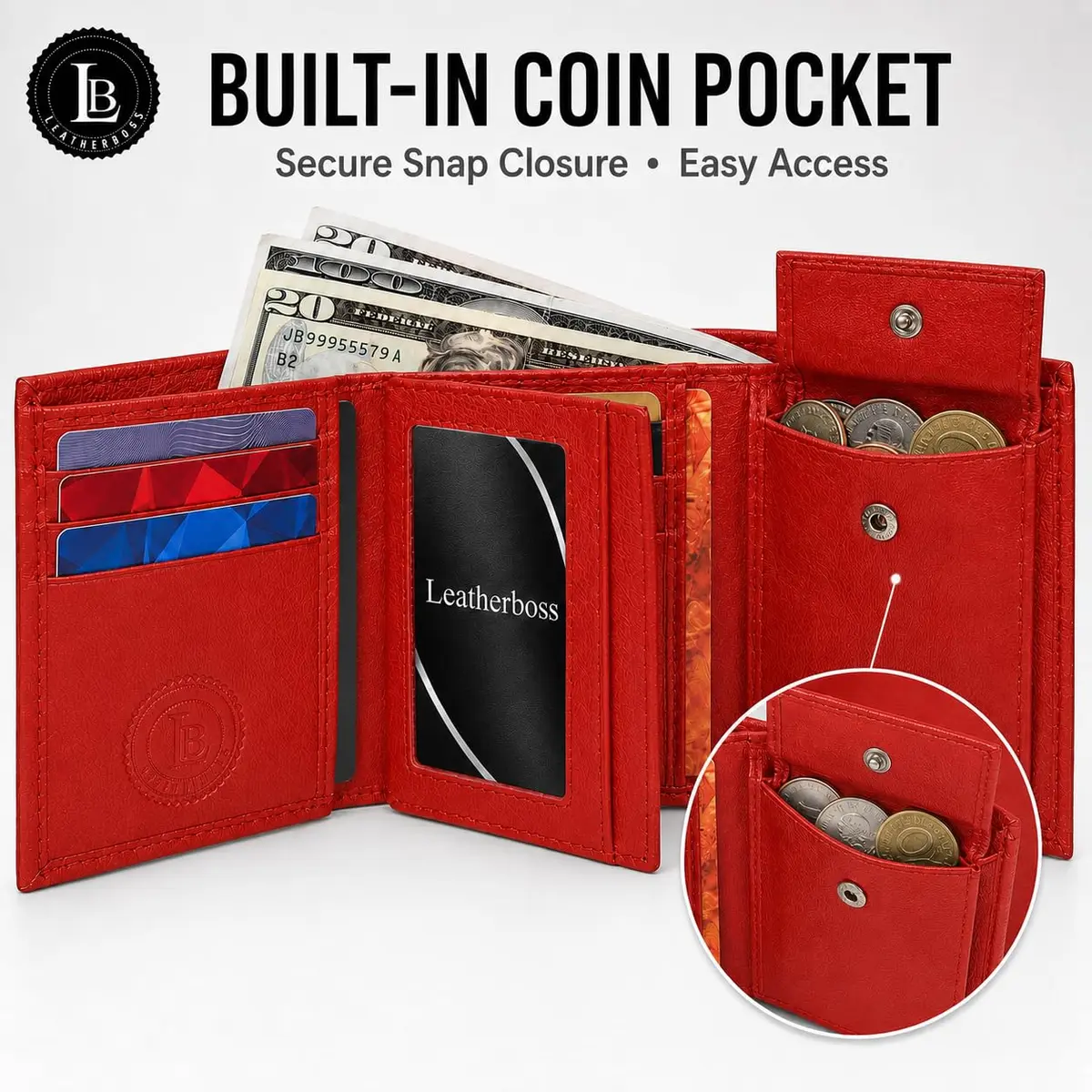 LB LEATHERBOSS Boys Slim Compact Trifold Wallet with ID and Coin Pocket (Red) | Genuine Leather - view 2