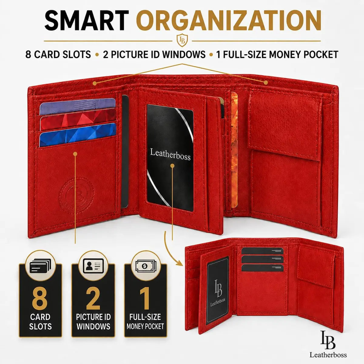 LB LEATHERBOSS Boys Slim Compact Trifold Wallet with ID and Coin Pocket (Red) | Genuine Leather - view 4