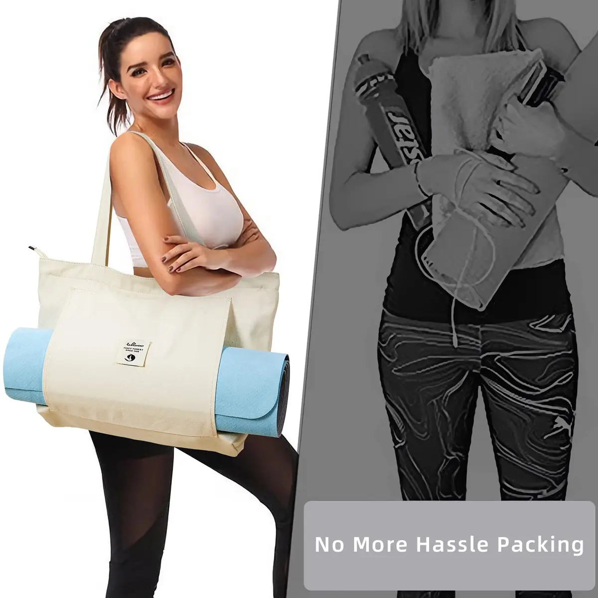 WLLWOO Yoga Mat Carrier Bag for Women Canvas Carryall Tote Gym Pilates | Large Capacity, Durable Cotton Canvas, Zipper Closure - view 5
