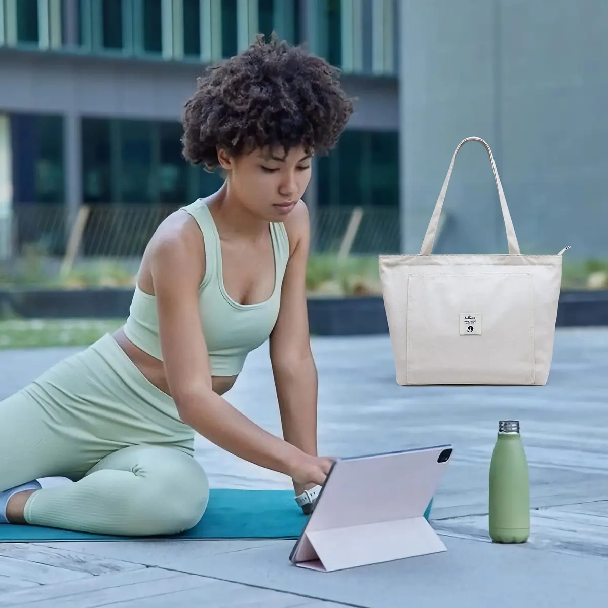 WLLWOO Yoga Mat Carrier Bag for Women Canvas Carryall Tote Gym Pilates | Large Capacity, Durable Cotton Canvas, Zipper Closure - view 6