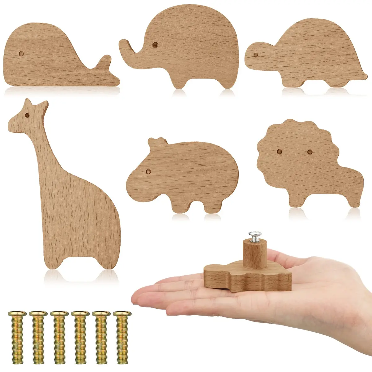 Qunclay Wooden Animal Dresser Knobs 6 Sets | Zoo Theme, Polished Wood - main product image