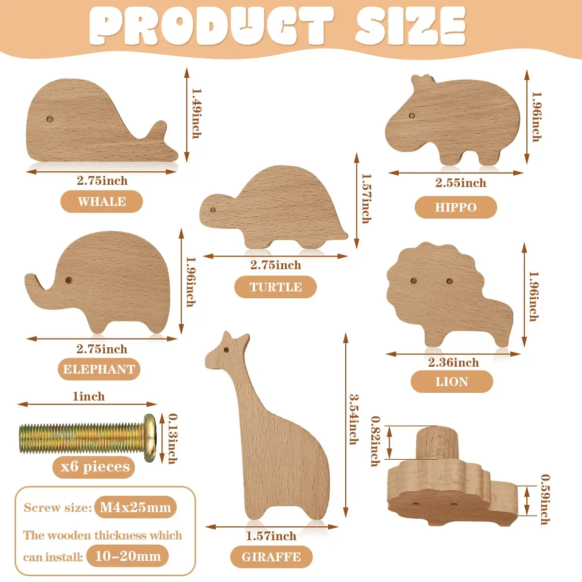 Qunclay Wooden Animal Dresser Knobs 6 Sets | Zoo Theme, Polished Wood - view 2