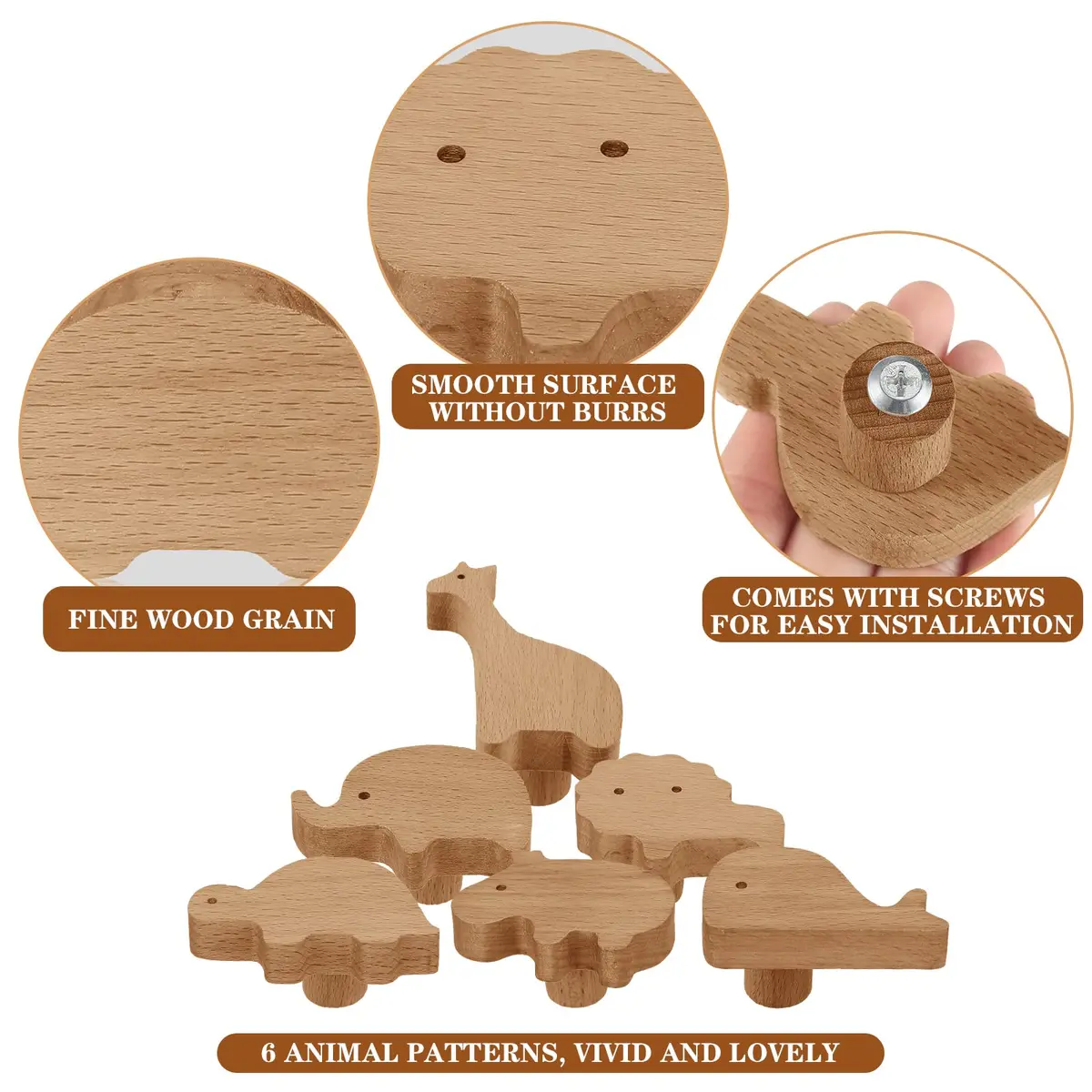 Qunclay Wooden Animal Dresser Knobs 6 Sets | Zoo Theme, Polished Wood - view 3