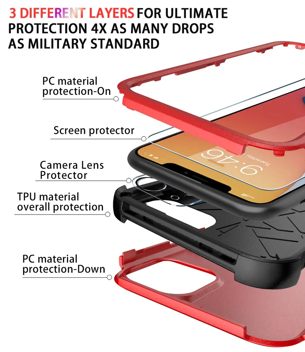 Diverbox Heavy Duty Protection Case for iPhone 11 | Shockproof & Dropproof with Tempered Glass Screen Protector (6.1 inch, Red) - view 6