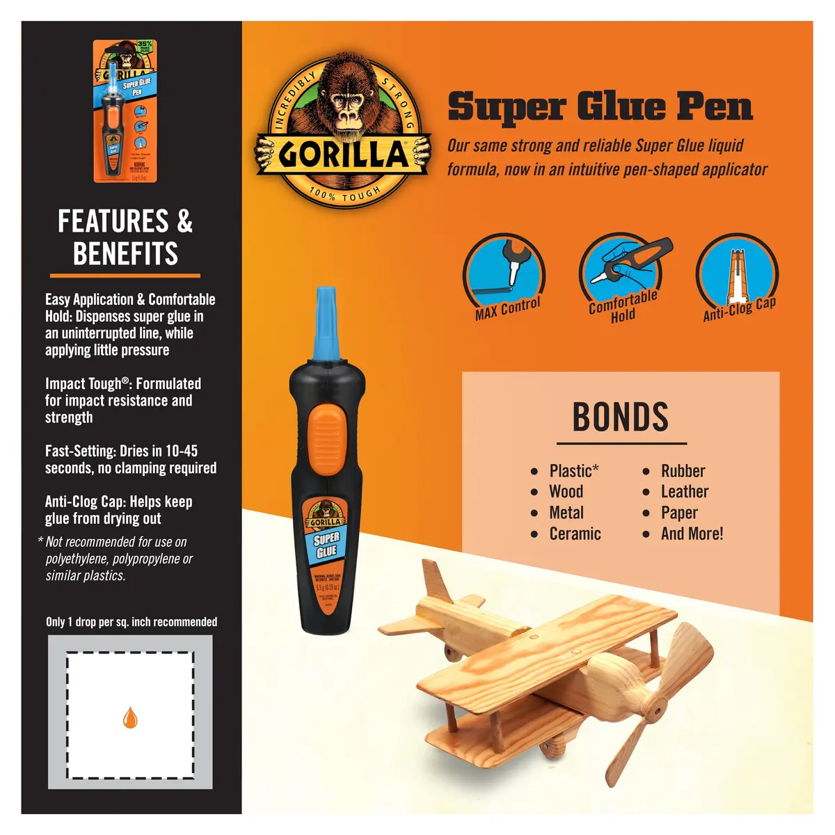 Gorilla Super Glue Pen, Precise Applicator, Fast Setting, Clear, 5.5g | Impact-Resistant Bonding Adhesive - view 2