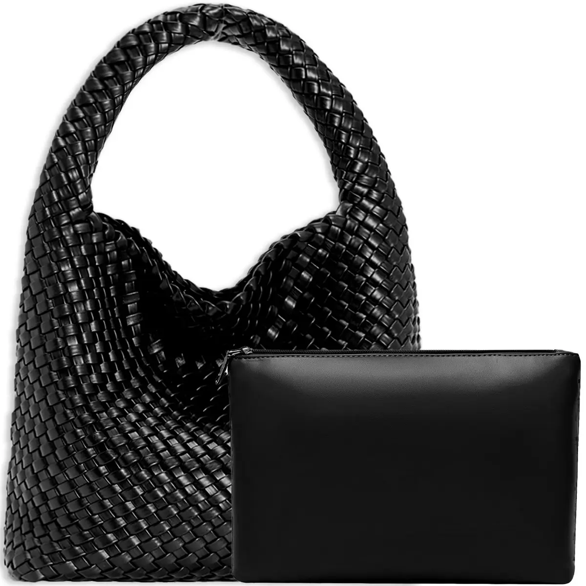 JINMANXUE Woven Tote Bag for Women, Black Vegan Leather Hobo Handbag | Large Capacity Travel Shoulder Bag - main product image