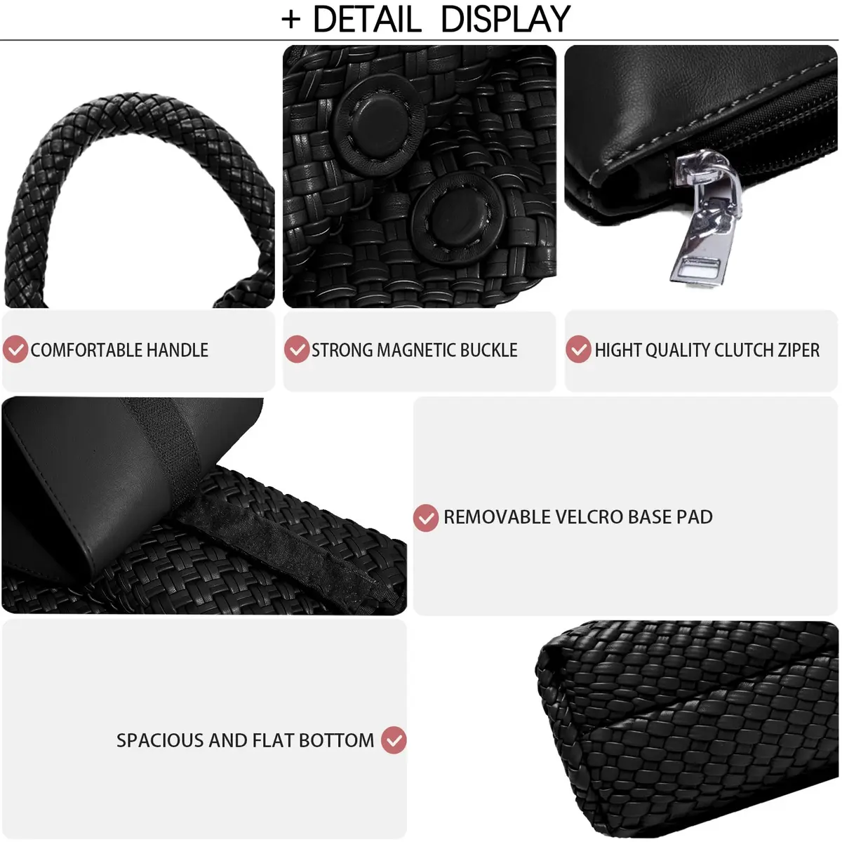 JINMANXUE Woven Tote Bag for Women, Black Vegan Leather Hobo Handbag | Large Capacity Travel Shoulder Bag - view 6
