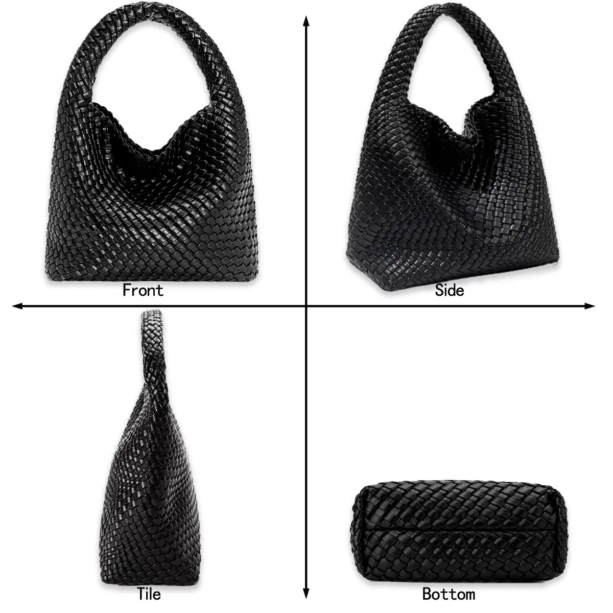 JINMANXUE Woven Tote Bag for Women, Black Vegan Leather Hobo Handbag | Large Capacity Travel Shoulder Bag - view 7