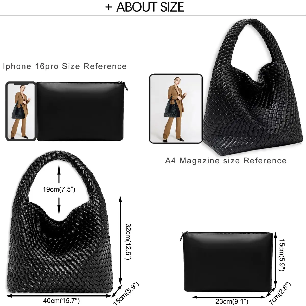 JINMANXUE Woven Tote Bag for Women, Black Vegan Leather Hobo Handbag | Large Capacity Travel Shoulder Bag - view 4