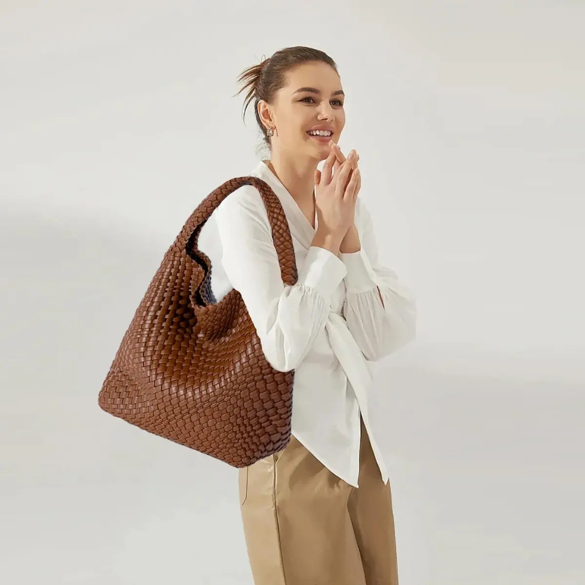 JINMANXUE Woven Tote Bag for Women, Large Vegan Leather Hobo Handbag, 39.6cm (15.6in) | Chic Retro Style - view 2