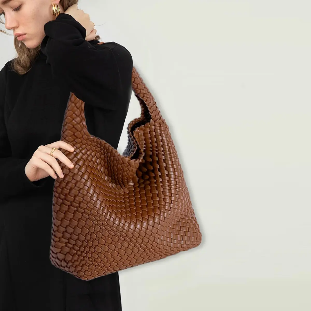 JINMANXUE Woven Tote Bag for Women, Large Vegan Leather Hobo Handbag, 39.6cm (15.6in) | Chic Retro Style - view 3