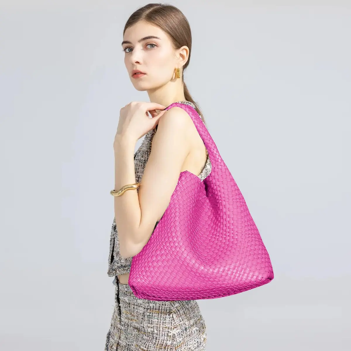 JINMANXUE Woven Tote Bag for Women, Rose Red Fashion Hobo Handbag, Large Vegan Leather Shoulder Bag | Includes Matching Wristlet - view 6