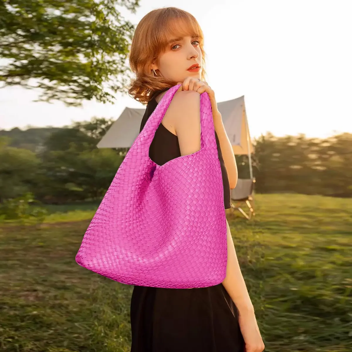 JINMANXUE Woven Tote Bag for Women, Rose Red Fashion Hobo Handbag, Large Vegan Leather Shoulder Bag | Includes Matching Wristlet - view 2
