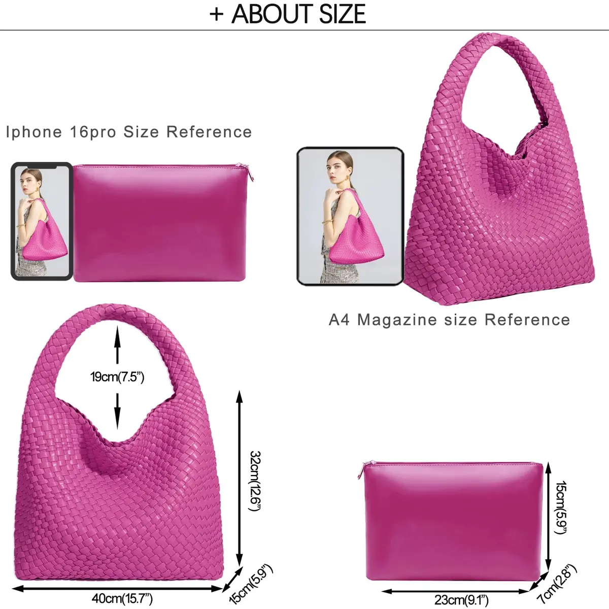 JINMANXUE Woven Tote Bag for Women, Rose Red Fashion Hobo Handbag, Large Vegan Leather Shoulder Bag | Includes Matching Wristlet - view 3