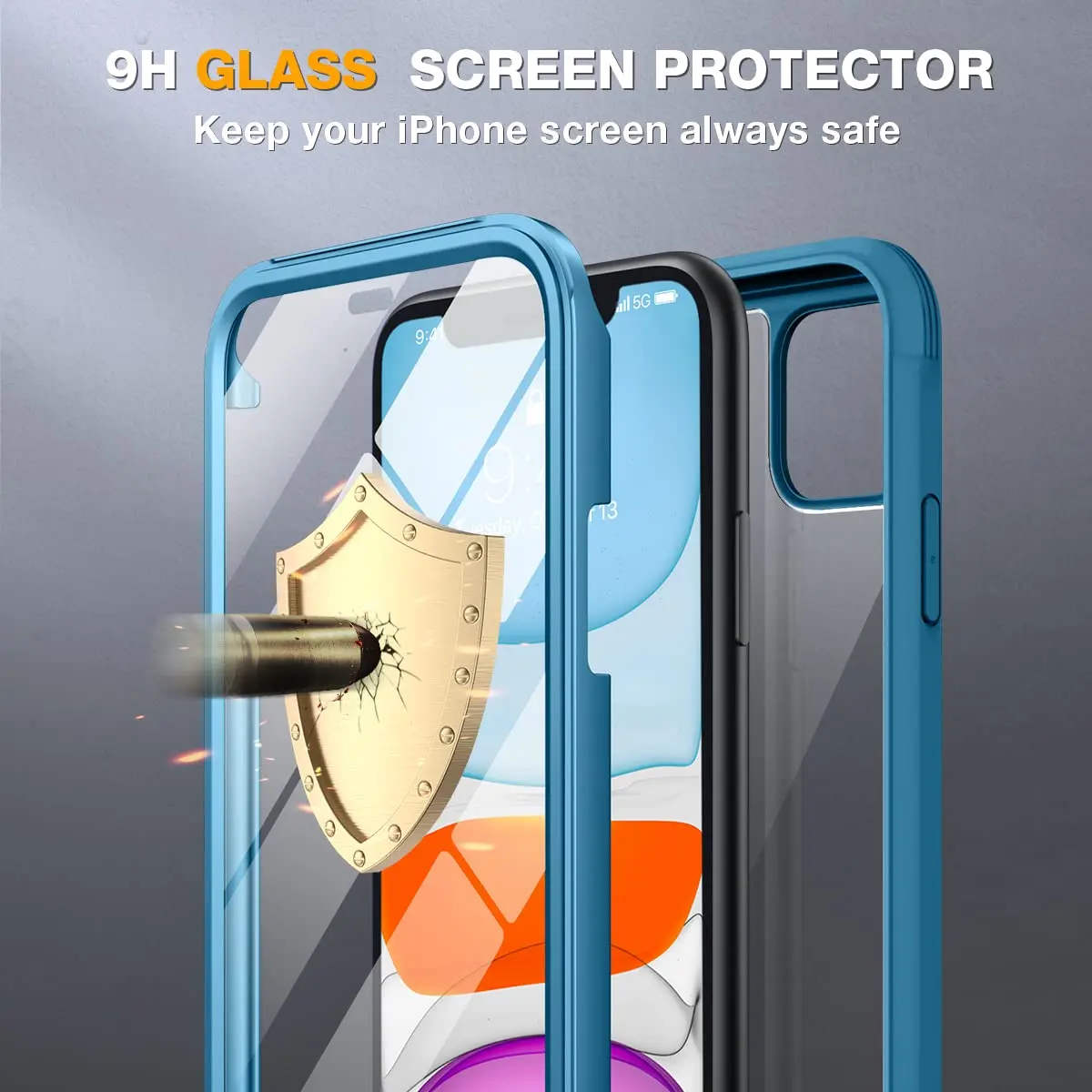 Miracase Glass Series for iPhone 11 Case 6.1 inch | Rugged Full-Body Bumper with Tempered Glass & Camera Protector, Light Blue - view 5