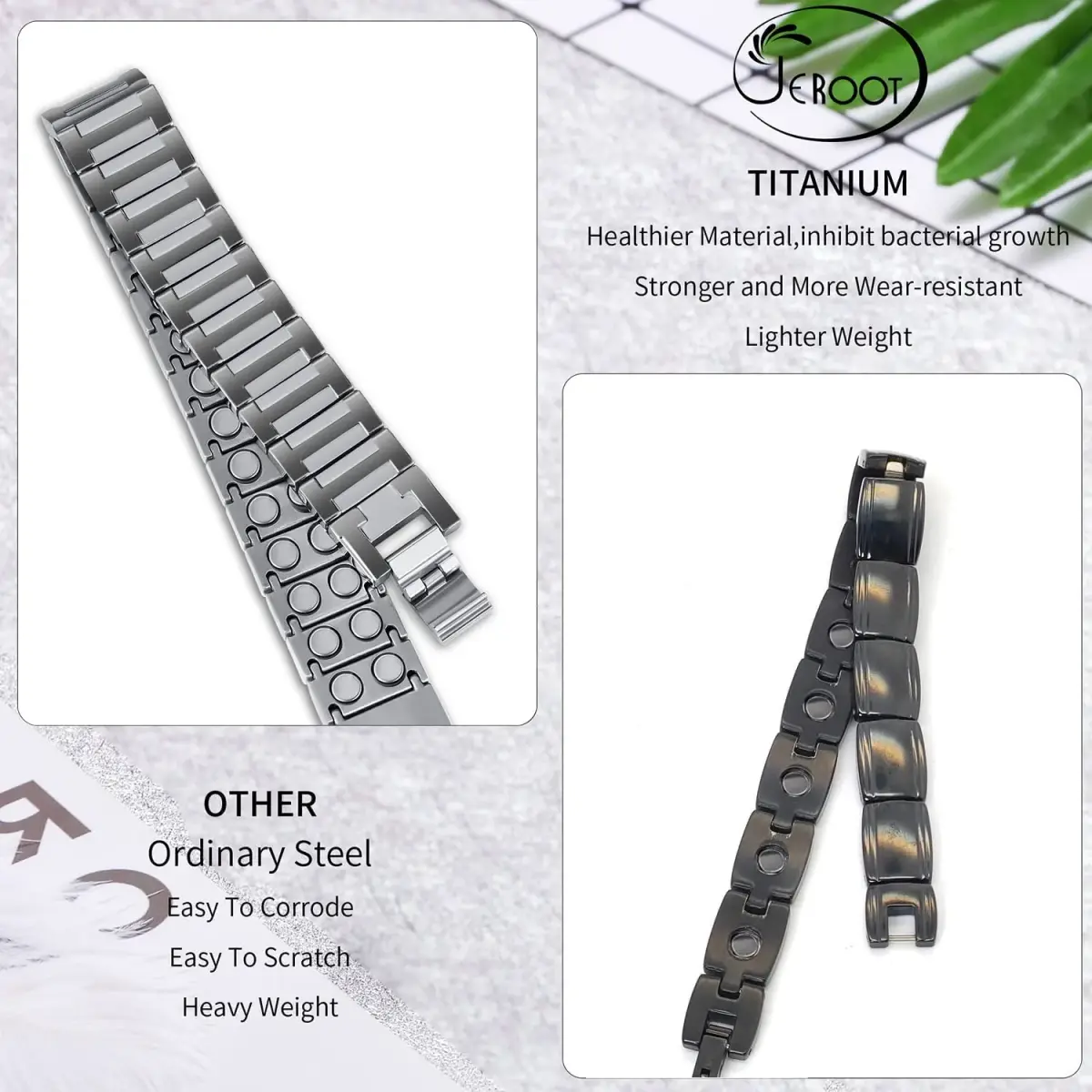 JEROOT Magnetic Bracelet for Men, Pure Titanium Double Row 4000 Gauss Magnets | Adjustable 23cm (9") - view 7