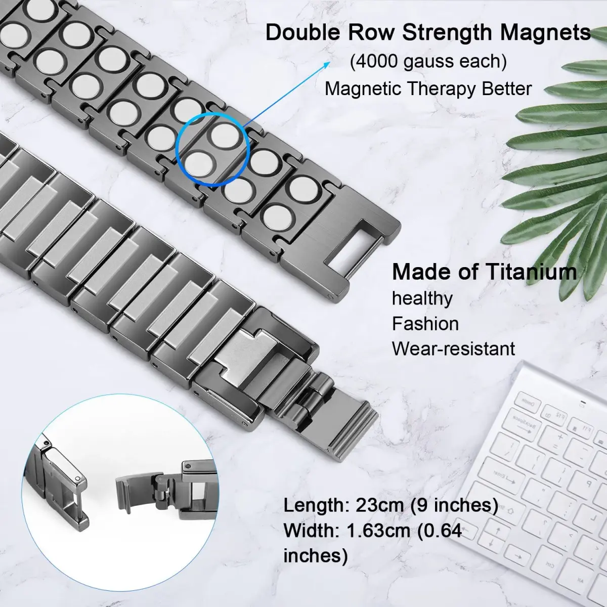 JEROOT Magnetic Bracelet for Men, Pure Titanium Double Row 4000 Gauss Magnets | Adjustable 23cm (9") - view 2