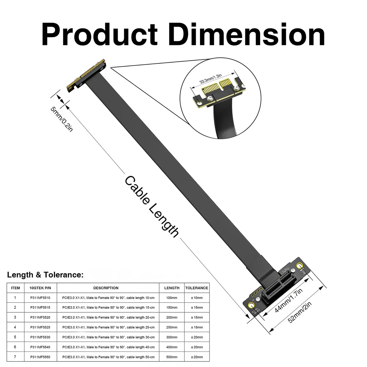 10Gtek PCIe 3.0 x1 Riser Cable 20cm (0.66ft) | Male 90° to Female 90° EMI-Shielded GPU Jumper Cable - view 5