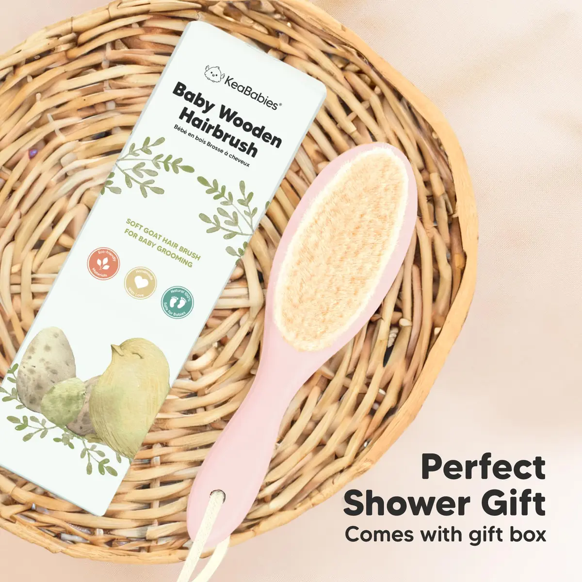 KeaBabies Wooden Baby Hair Brush for Toddler & Infant Cradle Cap (Blush, Regular 7.25" x 2") | Soft Goat Bristles for Scalp & Hair Growth - view 9