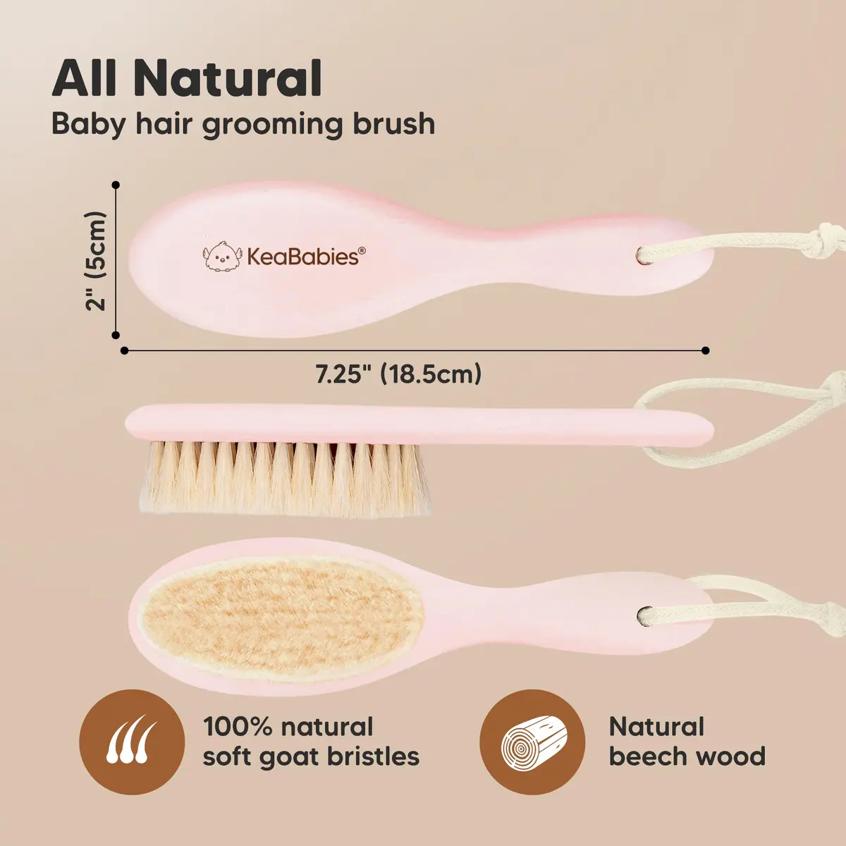 KeaBabies Wooden Baby Hair Brush for Toddler & Infant Cradle Cap (Blush, Regular 7.25" x 2") | Soft Goat Bristles for Scalp & Hair Growth - view 2