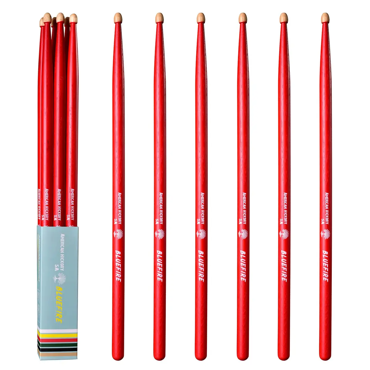 HUN Bluefire Red Color 5A Drumstick | Weight Matched, 6 Sticks, Hickory Wood (70-120c) - main product image