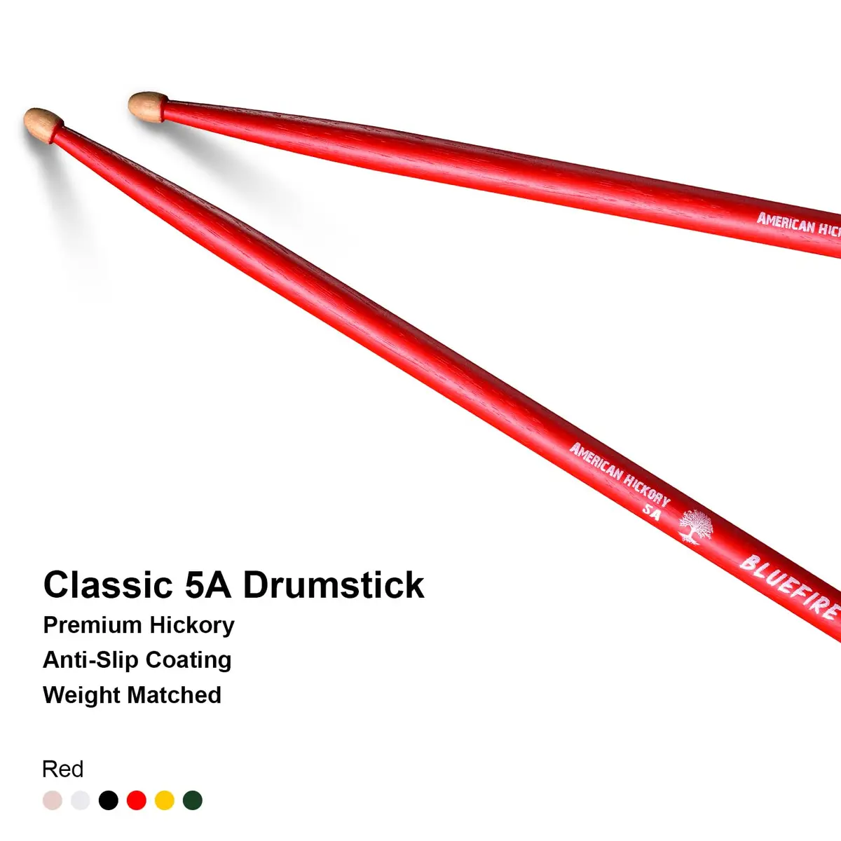 HUN Bluefire Red Color 5A Drumstick | Weight Matched, 6 Sticks, Hickory Wood (70-120c) - view 7