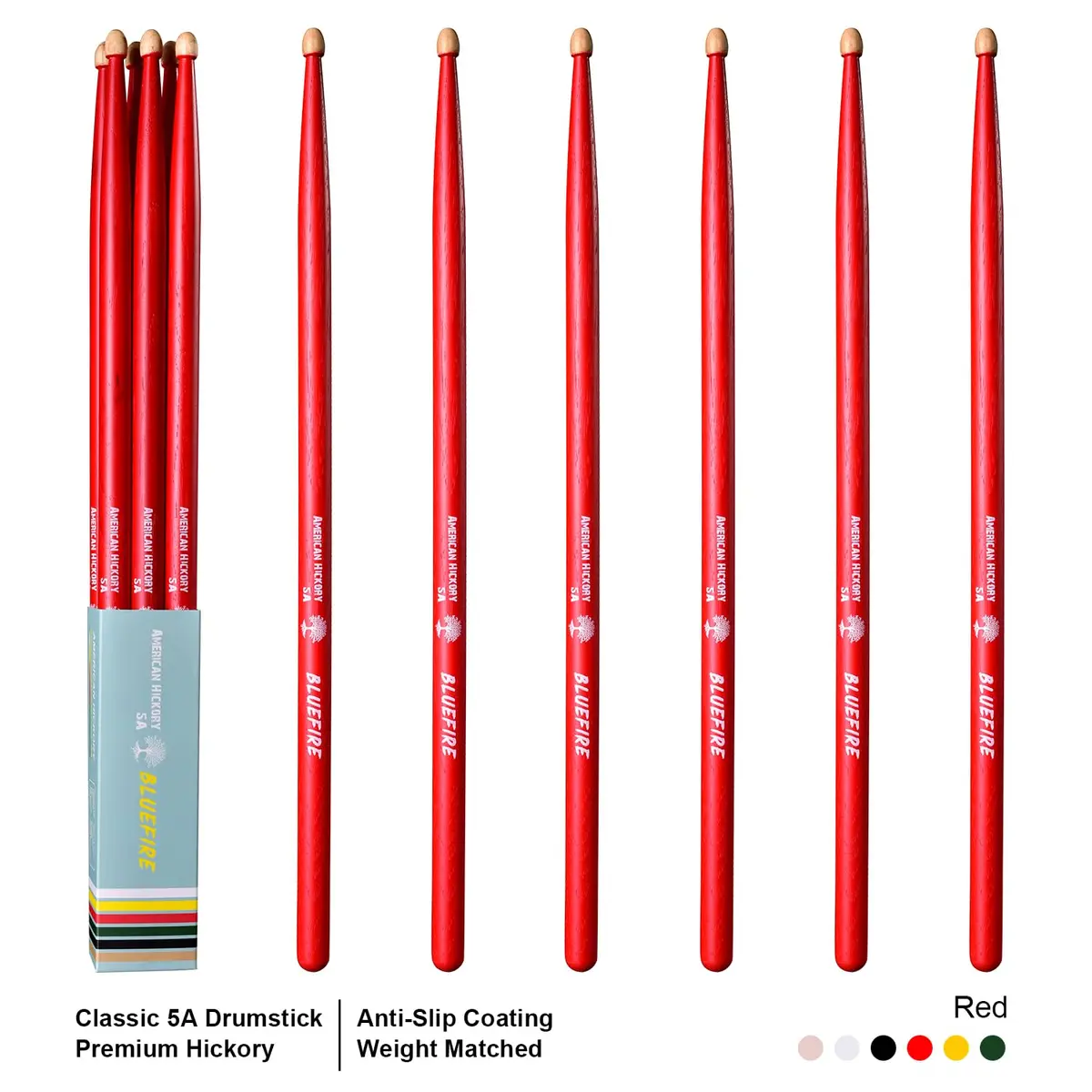 HUN Bluefire Red Color 5A Drumstick | Weight Matched, 6 Sticks, Hickory Wood (70-120c) - view 8