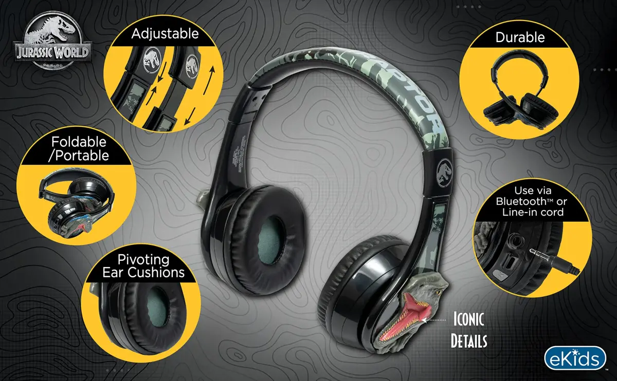 eKids Jurassic World Bluetooth Headphones for Kids, Wireless Over-Ear Headphones with Microphone | Kid-Friendly Stereo Sound - view 3